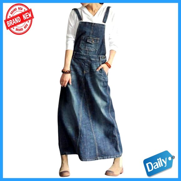 Dresses & Skirts - Vintage Distressed Denim Overall Dress Adjustable Straps A-Line Pinafore Midi